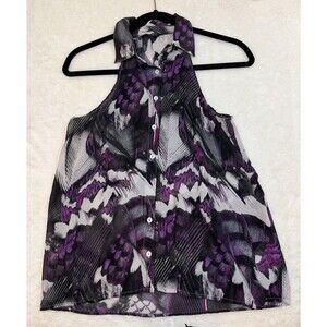 Women's Guess Top Sleeveless Multicolor Sheer Collared Button Up Blouse Size XS